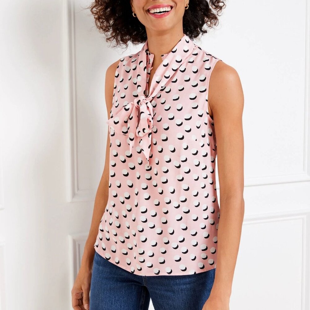 Talbots Pink Sleeveless Tie-Neck Blouse with Black & White Dot Pattern